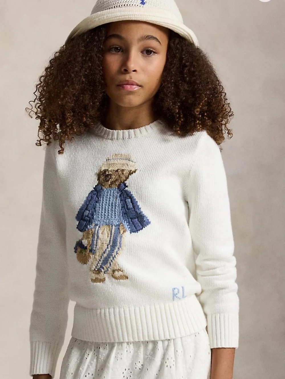Ralph Lauren Cream Sweater with Blue and Tan Teddy Intarsia